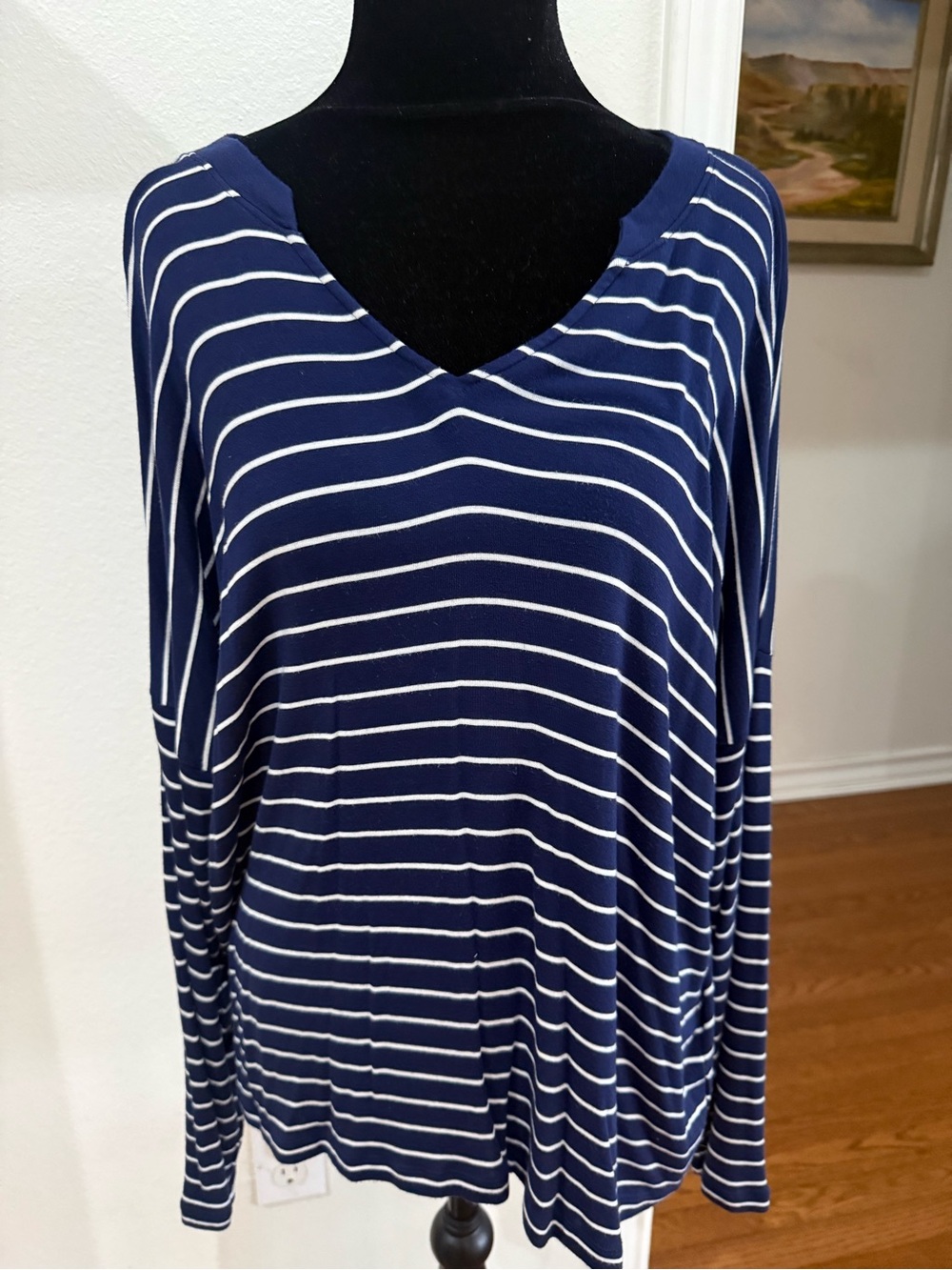 CAbi Navy and White Striped V-Neck Long Sleeve Top